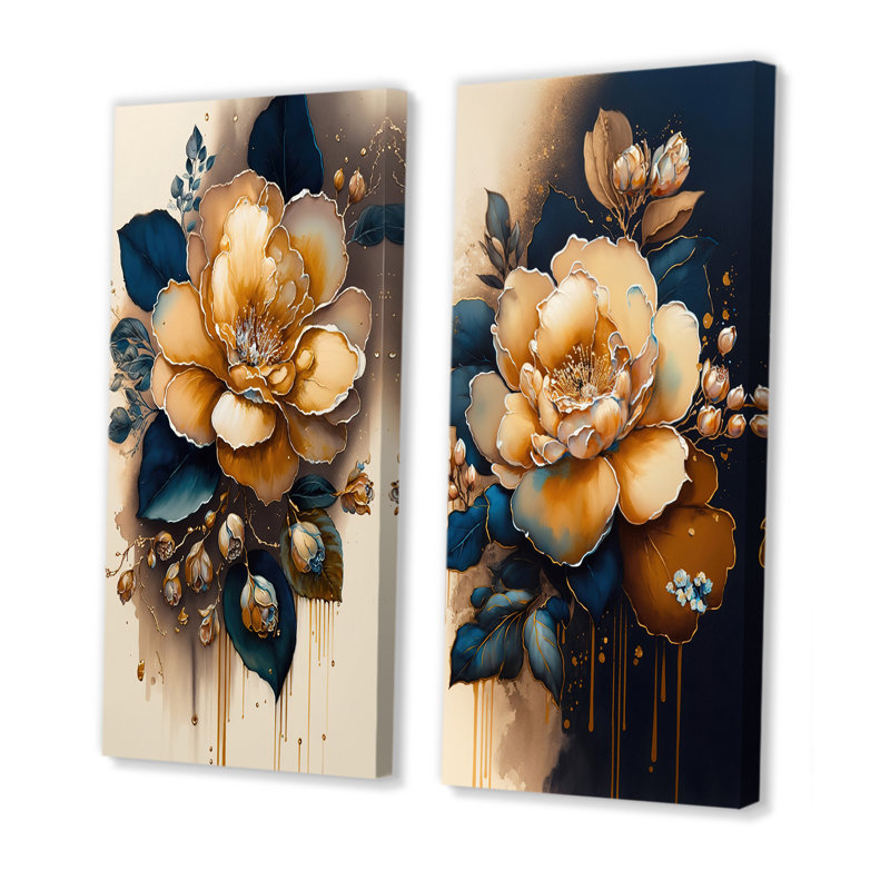 "Fleur de camélia jaune et bleu foncé", 2 pièces sur toile, Toile tendue, H 20 po x l 24 po