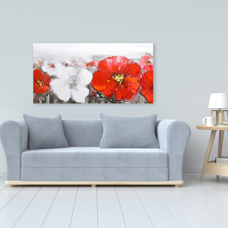 Champ gris avec fleurs rouges - Toile romantique