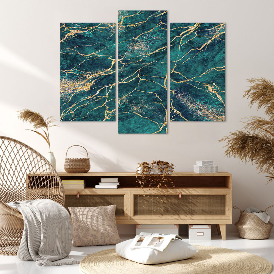 3-tlg. Leinwandbilder-Set Abstraction Gold Turquoise