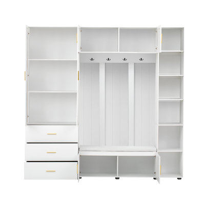 Hall Tree with Padded Bench, 4 Hooks, 3 Drawers and Adjustable Shelves