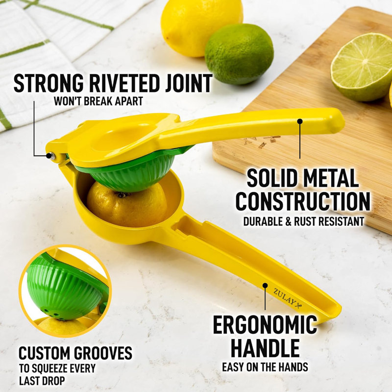 Zulay Kitchen Metal Lemon Squeezer Citrus Juicer Manual Press for Extracting the Most Juice, Yellow/Green