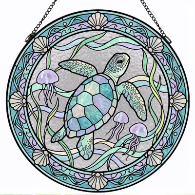 Sea Turtle Stained Glass Window Panel，12"H