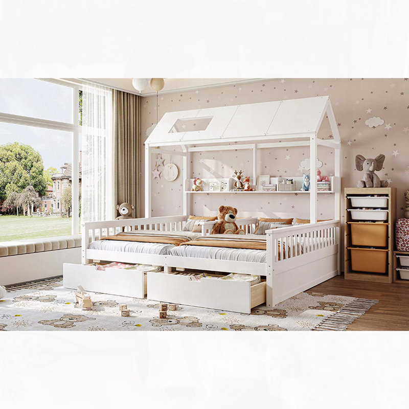 Lit plateforme simple double avec tablettes et tiroirs de rangement - bois massif, aucun sommier nécessaire, Blanc
