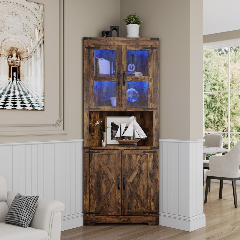 Grande armoire de rangement 67 po en coin brun avec portes en verre