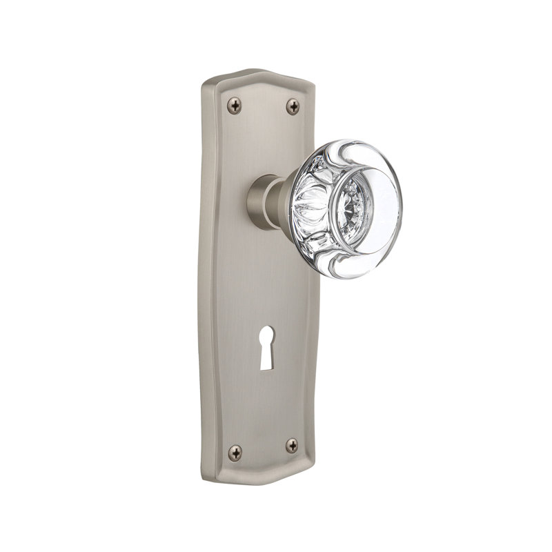 Double poignée de porte en cristal rond avec plaque longue serrure Prairie, Nickel satiné