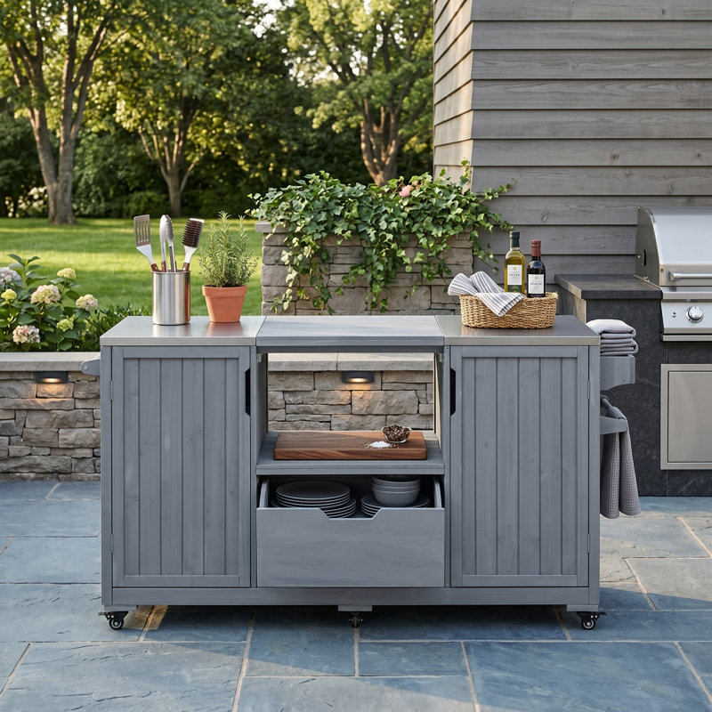 Chariot-îlot de cuisine en bois massif 66,5 po, plateau en acier inoxydable, compatible avec Big Green Egg et Kamado Joe, gris-bleu