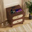 Bedside Tables Set of 2, Natural Hand‑Woven Rattan, Walnut