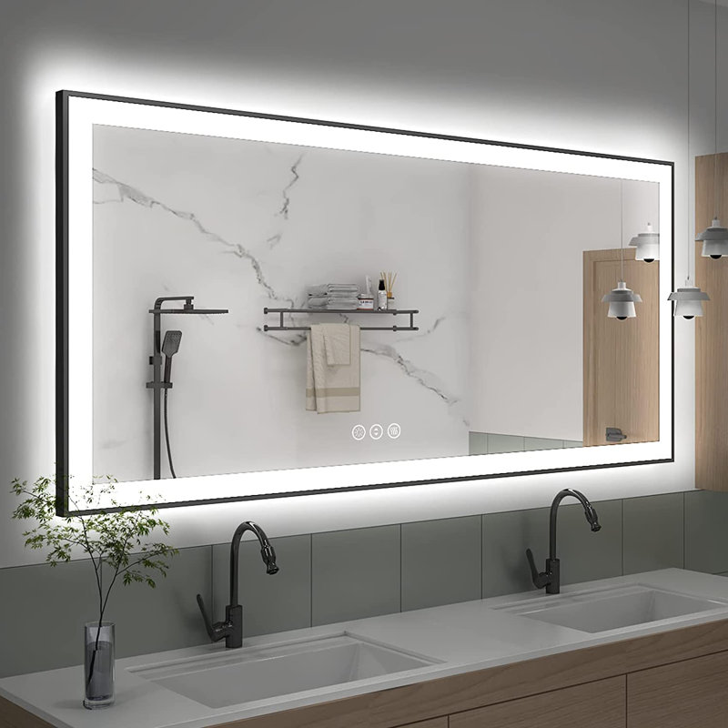Miroir de salle de bain mural noir rétroéclairé à DEL, 72 po x 36 po, Rectangle