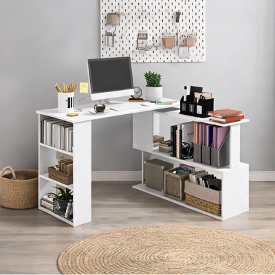 Particle Board L-Shaped Rotating Computer Desk with Storage Shelves in Classic White, 47.25 Wide