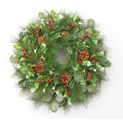 Couronne de Noël houx, baies et pommes de pin