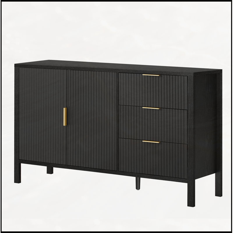 Wave-Pattern Sideboard with 3 Drawers, Large Storage Buffet Cabinet with Hooks and Extra Center Leg, Black