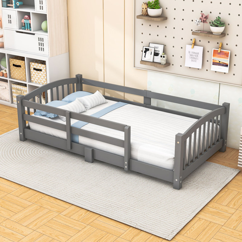 Lit en bois avec garde-corps de sécurité, Gris, Lit simple