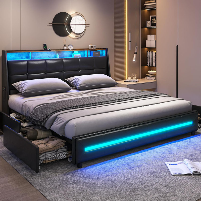 LED Upholstered Platform Bed Frame with 4 Storage Drawers and Storage Headboard, King, Black 