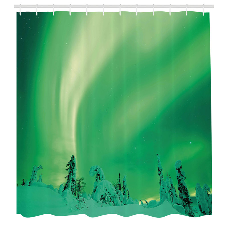 Union Rustic Aurora Borealis Shower Curtain Icy Pine Tree Fern Green, 70"H x 69"W