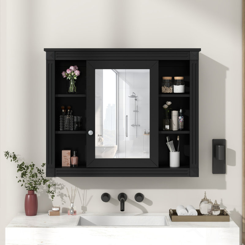 Armoire de rangement murale moderne avec miroir, 6 tablettes ouvertes pour une salle de bain organisée et élégante