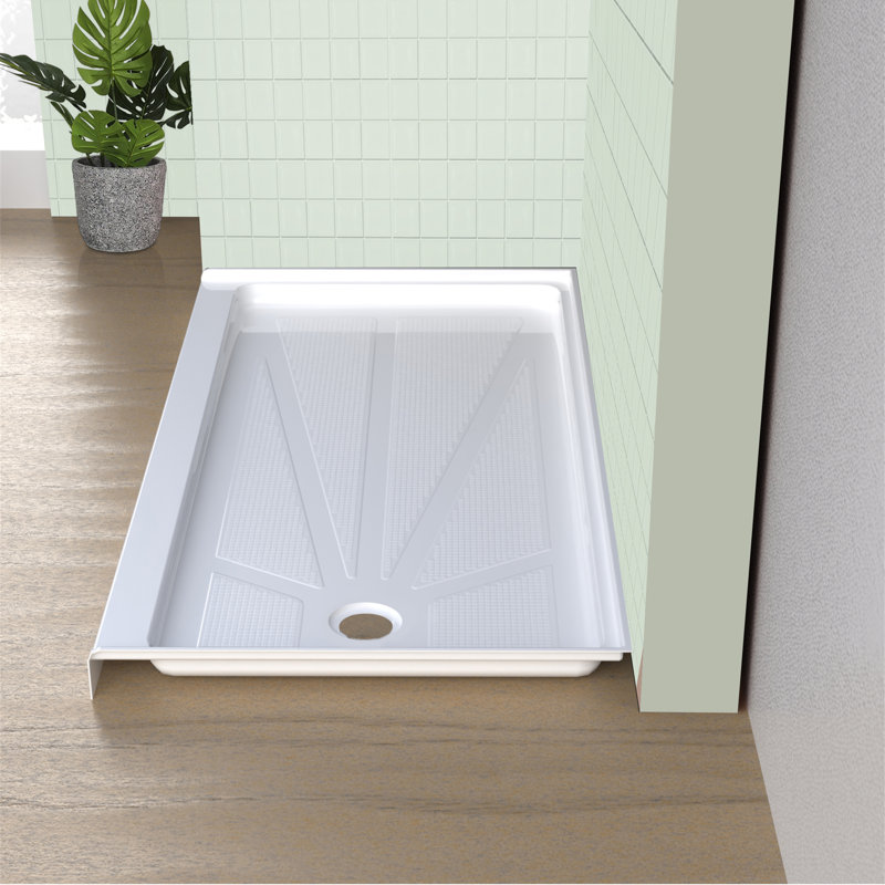 60"W x 34"D Solid Surface Single Threshold Shower Base, Non-Slip Shower Pan,Right Drain Location, Right, White