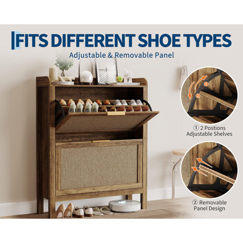 Farmhouse Rattan Shoe Cabinet, 32" Narrow Shoe Storage with 2 Flip Drawers for Entryway