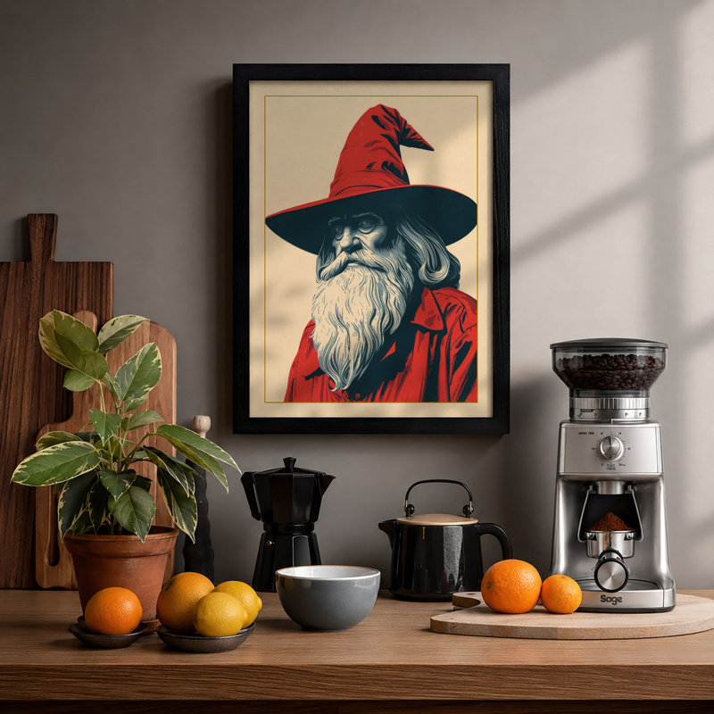 Wise Man With Crimson Bird Modern - Print, Black, A3 - 42.0 x 29.7 cm
