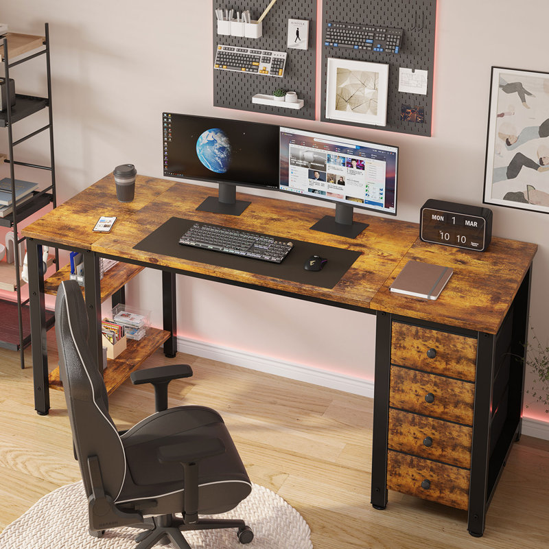 Rectangular Desk with Drawers & Storage Shelves, Brown, 29.5" H x 55.12" W x 18.9" D