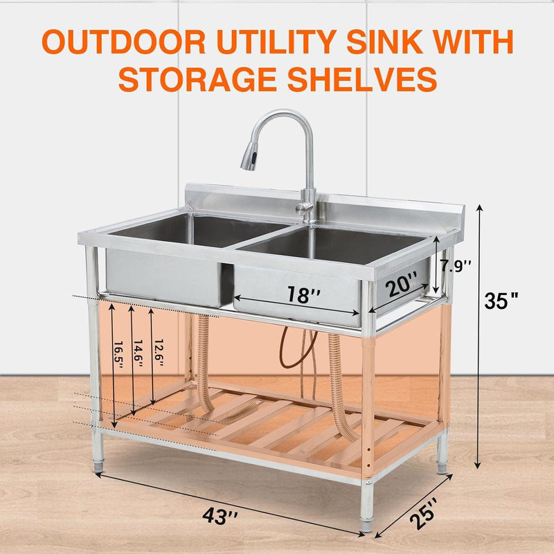 Évier utilitaire en acier inoxydable - 43 po x 25 po x 35 po, évier de cuisine commercial avec robinet coulissant, double cuve autoportante, support réglable à 3 niveaux, idéal pour le restaurant, l'atelier et la lessive