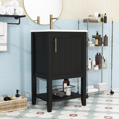 Meuble-lavabo de salle de bain avec lavabo en céramique, support de rangement, porte à fermeture douce et tablette ouverte