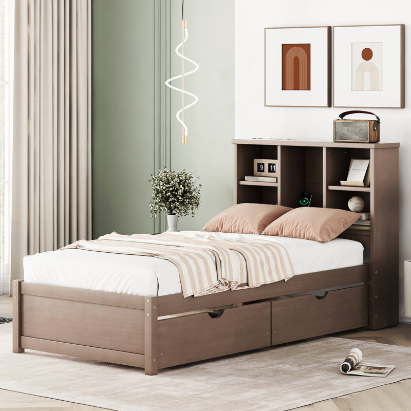Structure de lit simple avec finition noyer et espace de rangement pratique coloré, Noyer