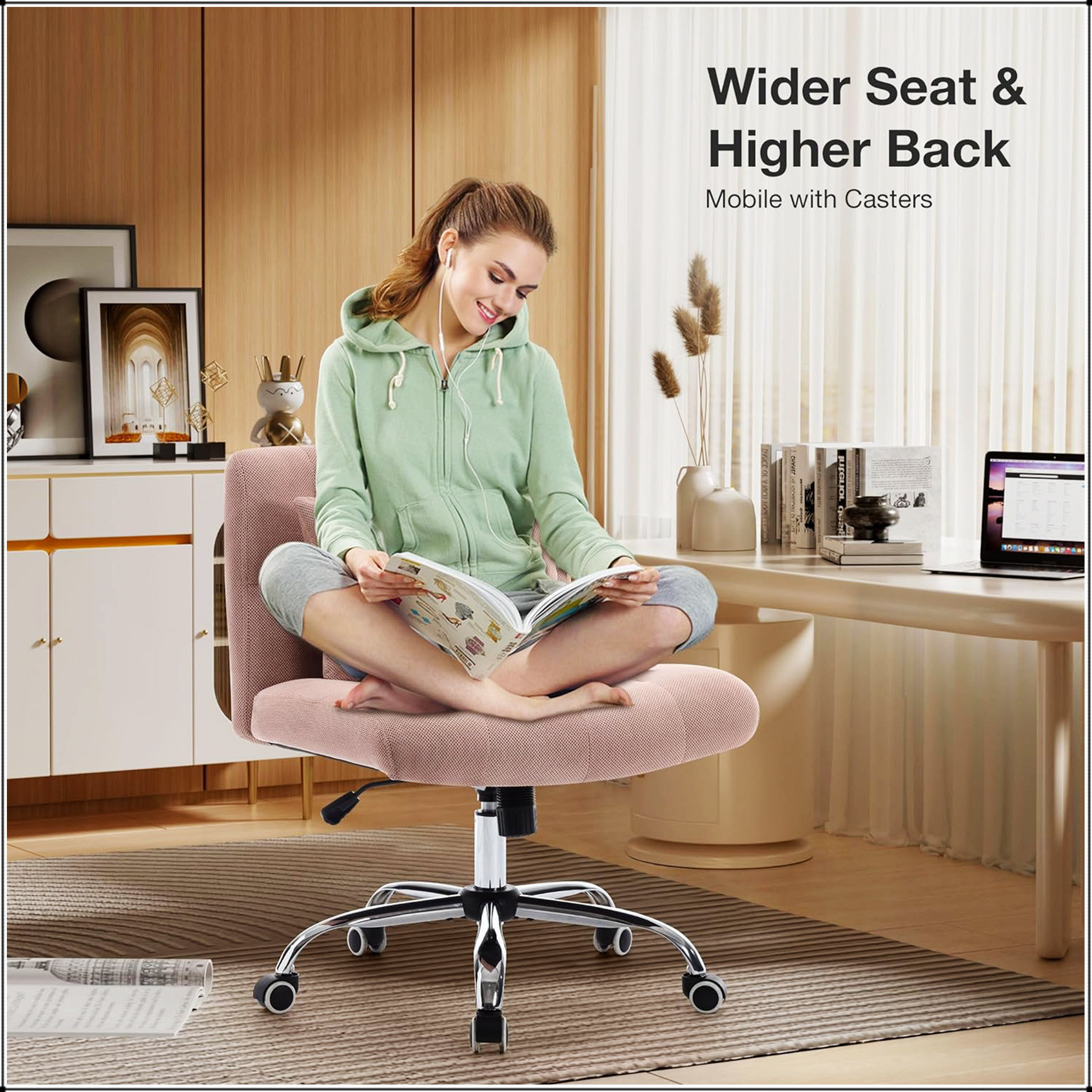 Ebern Designs Armless Fabric Office Desk Chair with Wheels, Criss Cross ...