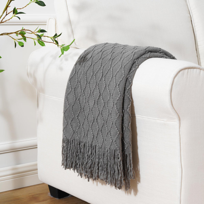 Dark Grey Knitted Acrylic Throw Blanket with Fringe, 50"x60"