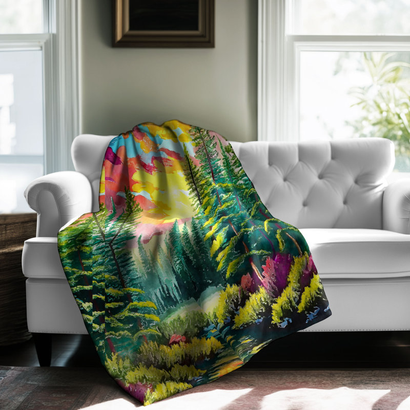 Motif Groovy - 1 pièce Sherpa Premium, Lit simple, Rose / jaune / vert floral / dégradé