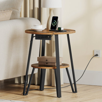 End Table With Charging Station, 2 USB ports, 2 Power Outlets, and 2-Tier Round Storage Shelves
