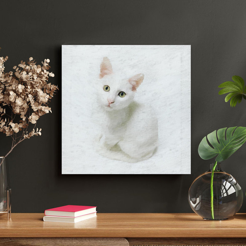 Chat blanc - 1 pièce, impression carrée sur toile tendue, L 16 po x H 16 po