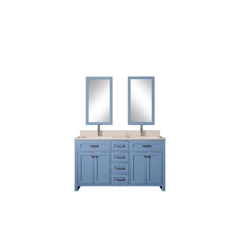 Ensemble de meuble-lavabo double 59 po avec miroir Christhilde, Bleu