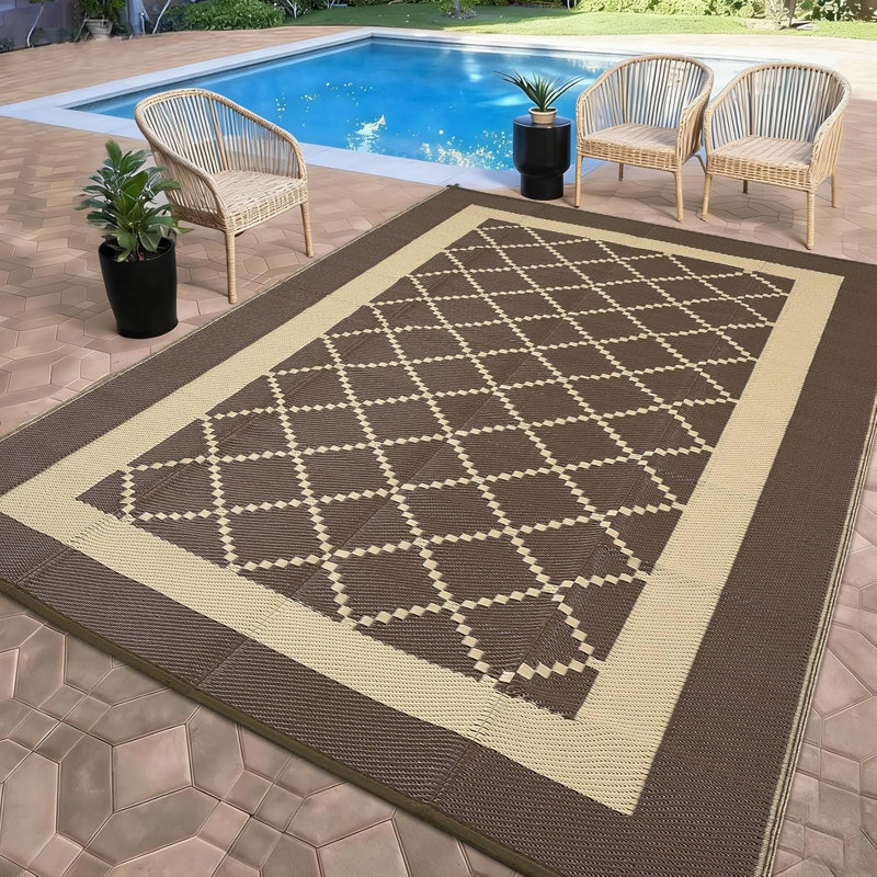 9x12 FT Brown Waterproof Outdoor Rug, Modern Geometric Reversible Plastic Straw Patio Mat, Indoor Outdoor Foldable Camping Carpet for RV Outside Entry Backyard Deck Bench Picnic Camper