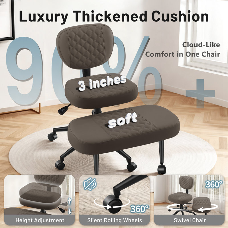 Ergonomic Office Chair for Cross-Legged Sitting with Adjustable Footrest & Wheels - Supportive PU Leather Desk Chair for ADHD Focus, Home Office, and Meditation