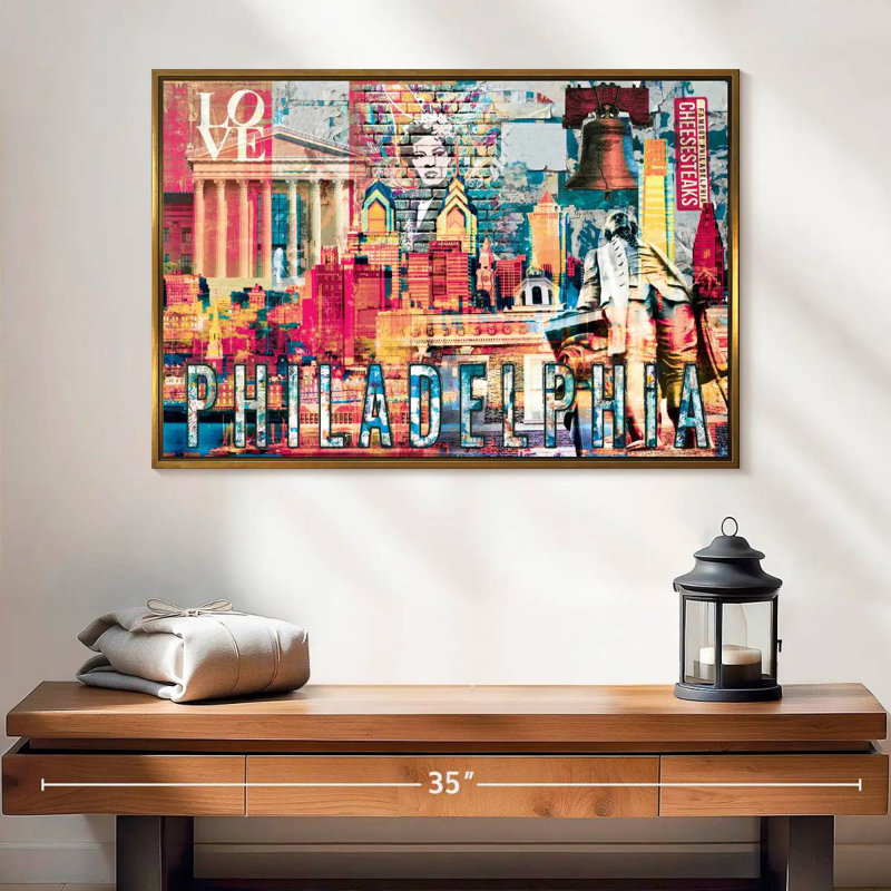 Monuments de Philadelphie, grunge, Cadre flottant doré, 25 po x 17 po