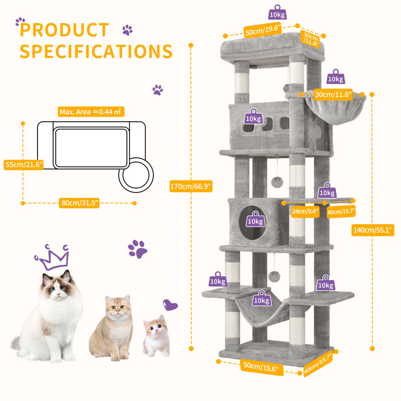 Cat Tree for Indoor Cats, Large Tall Cat Tower, Multi-Level Cats House with Condo, 8 Scratching Posts, Hammock, 4 Pom Poms