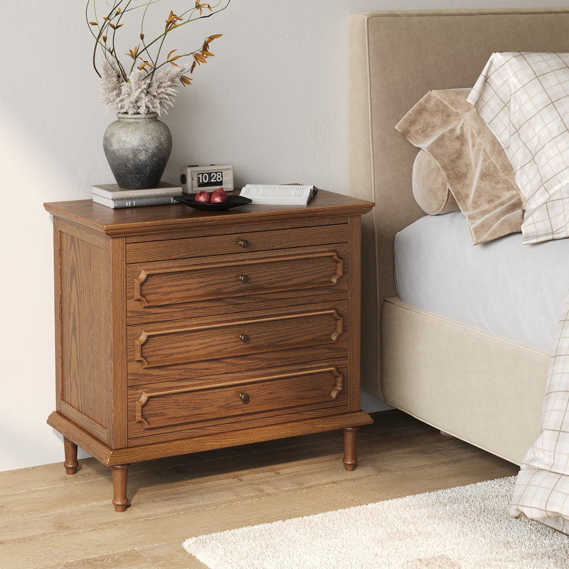 28" Wide Traditional Nightstand - 3 Drawers, Built-In USB Charging Station & Pull-Out Tray, Solid Wood Bedside Table, Fully Assembled