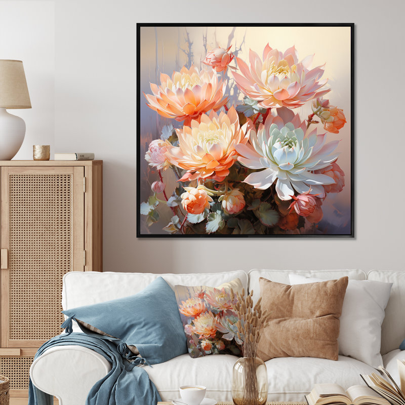 Impression blanc succulent romantique blanc - rose, Cadre flottant noir, H 36 po x l 36 po x P 1,5 po