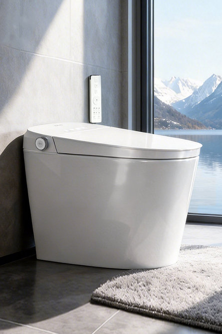 Toilettes intelligentes blanches avec télécommande intégrée dans une salle de bains moderne donnant sur un lac de montagne enneigé.