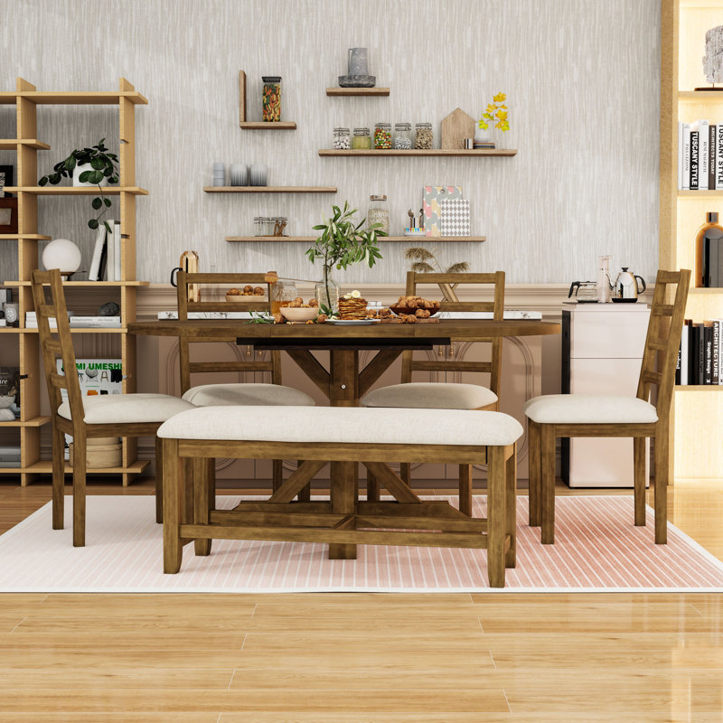 Ensemble de table de salle à manger 6 pièces, table de salle à manger extensible avec rallonge amovible, chaises rembourrées et banc