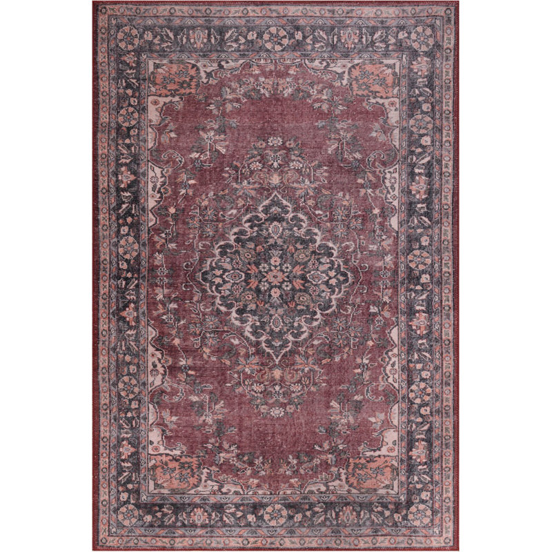 Burgundy Oriental Vintage Look Woven Base Decorative Carpet, Rectangle 6'11" x 10'3"