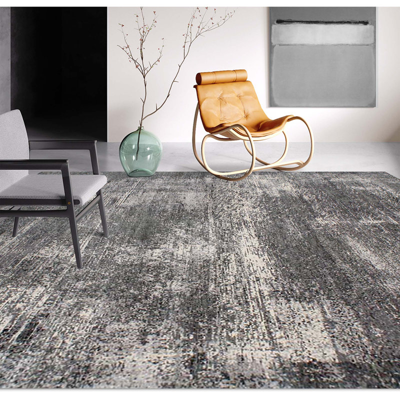 Hand-Knotted Wool/Silk Area Rug in Black/Light Gray, Rectangle 9' x 12'