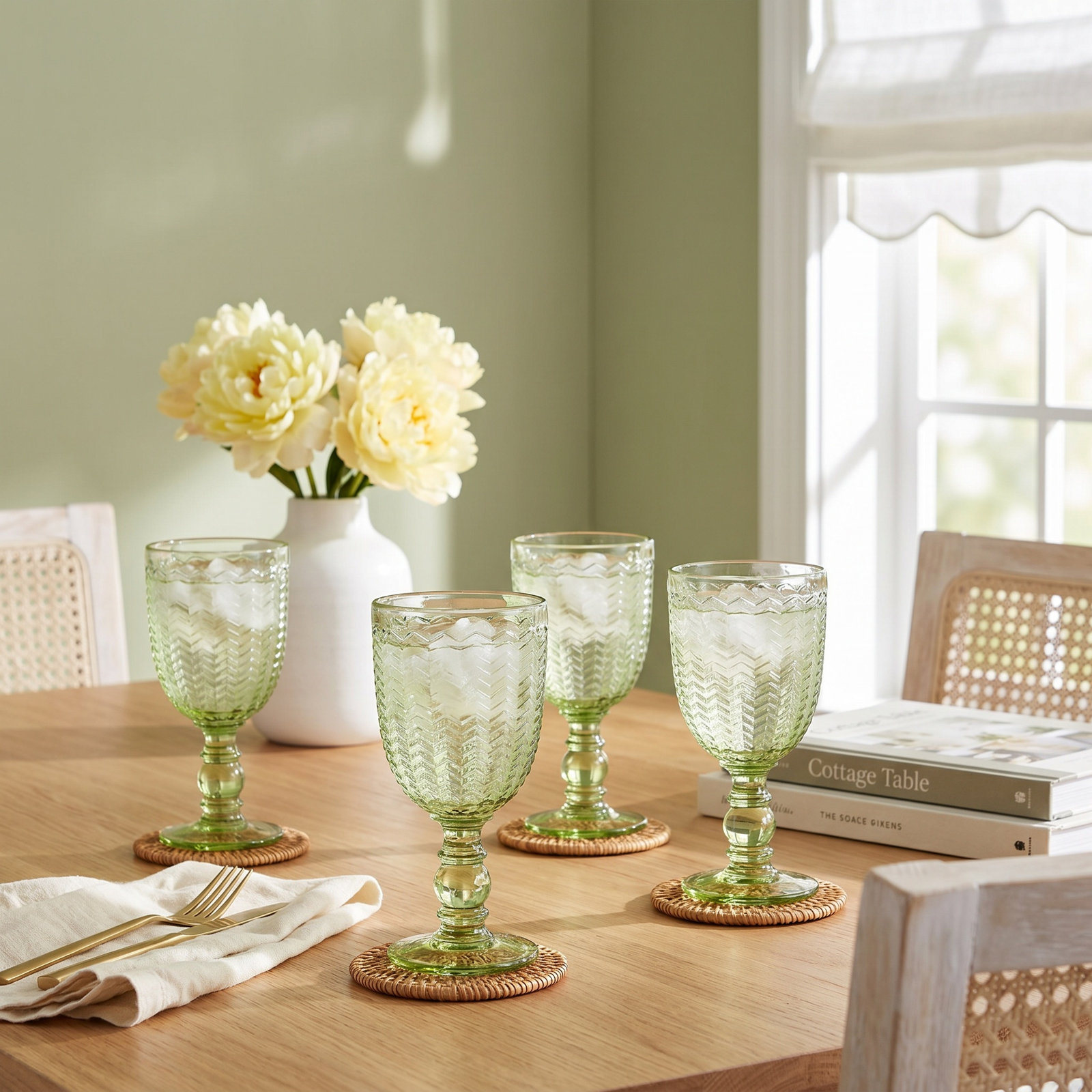 Twill Ribbed Crystal Goblet, Green