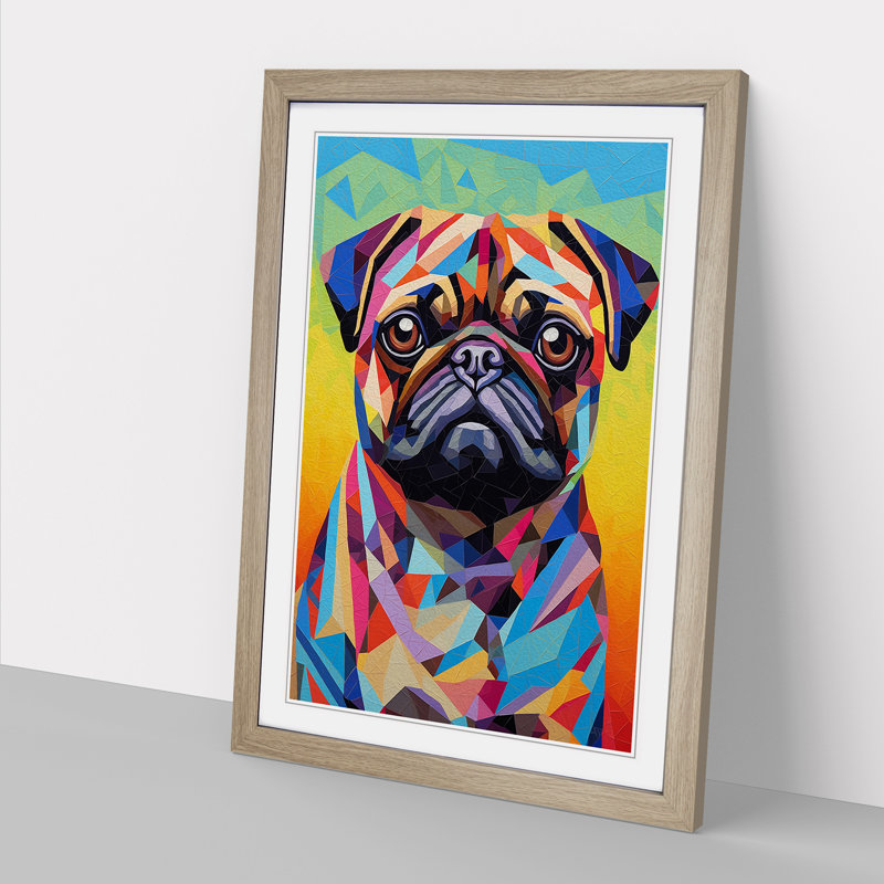Pug Op No.2 - Single Picture Frame Print on Wood, 64cm H x 46cm W x 2cm D, Oak 