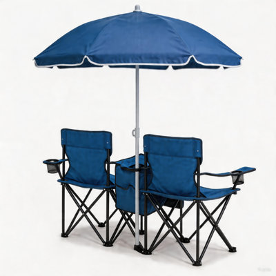 Chaise de camping d'extérieur pour 2 personnes avec porte-parapluies et porte-gobelets, chaise de patio pliable pour pique-nique, cour, voyage, ensemble de chaises de plage pliables portables, bleu