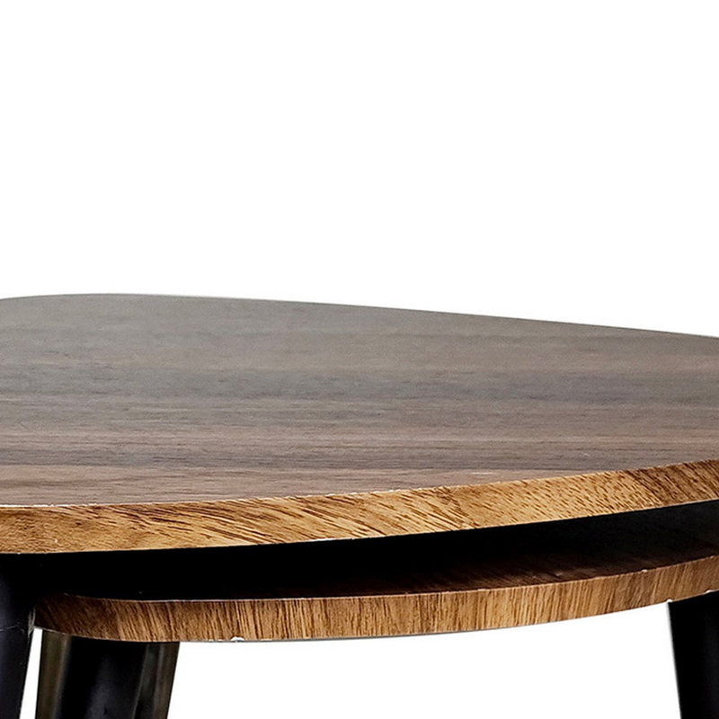 Clovia Nesting Table, Set Of 2, Triangular Brown Solid Wood, Black Metal