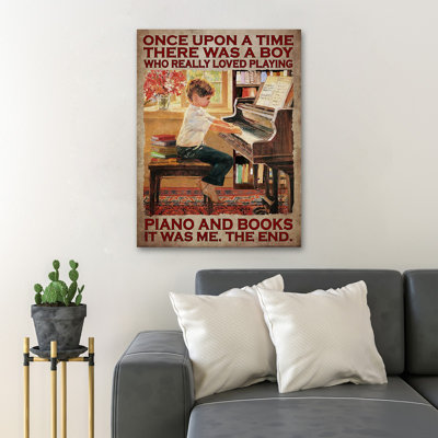 Bébé joue du piano - Il était une fois un garçon? Toile tendue avec châssis - Illustration musicale, décor de salon brun et blanc Gallery