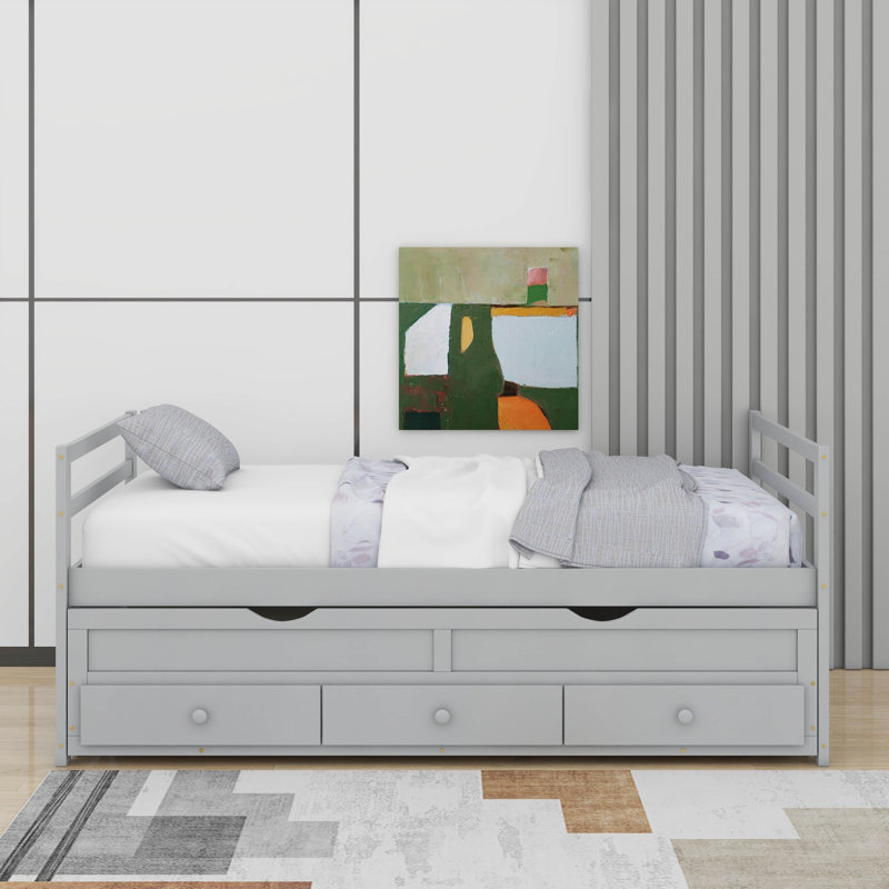 Twin Size Bed With Headboard, Footboard, Trundle And Three Storage Drawers, Gray