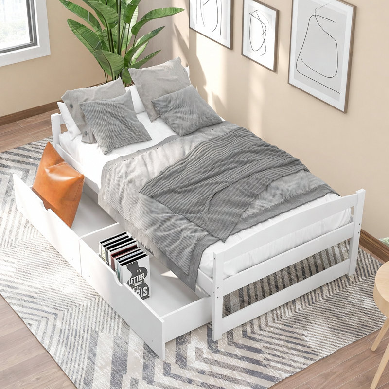Lit plateforme simple avec deux tiroirs, blanc, Blanc