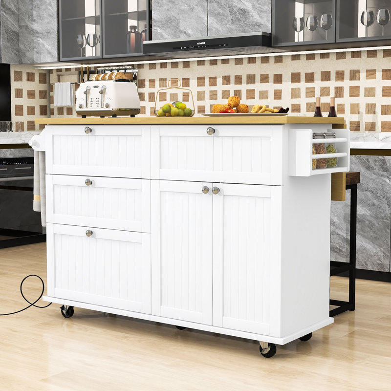 Rosauro Kitchen Islands with Storage Cabinet, 4 Drawers and Towel Rack, White